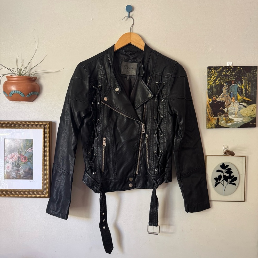 Ci Sono Black Leather Jacket with Lace-Up Detail